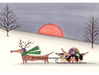 Set of 10 Dachshund Christmas Cards Folk Art
