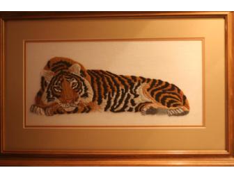 Handmade Tiger Needlepoint Framed Beautiful Art