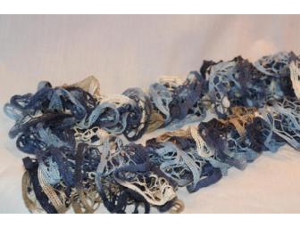Handmade Knit Scarf in Beautiful Blue and Tan Cotton