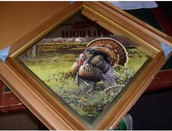 Miller High Life 'Tip Up' & 'Turkey' Mirrors with a case of Beer