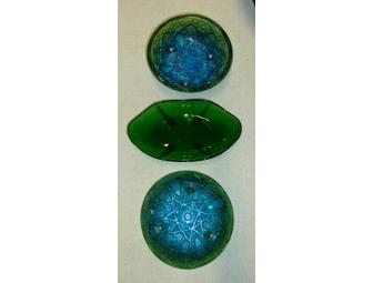 Depression-Era Carnival Glass Blue Green Footed 3 pieces