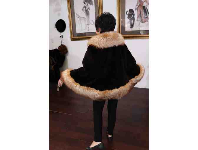 Sheared Chocolate Mink Cape with Crystal Fox Trim