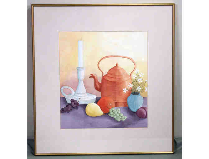 An original watercolor painting featuring a stilllife of a red kettle by artist Phyllis Eck Nordin - Photo 1