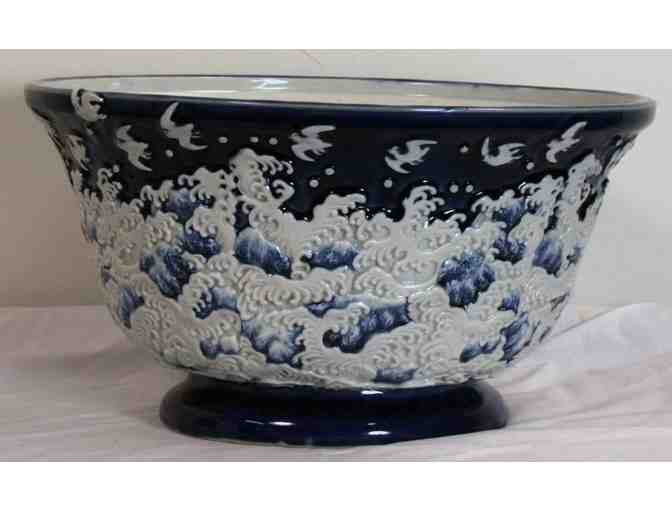 Antique Hand Painted and Enameled Cobalt Blue Koi Bowl