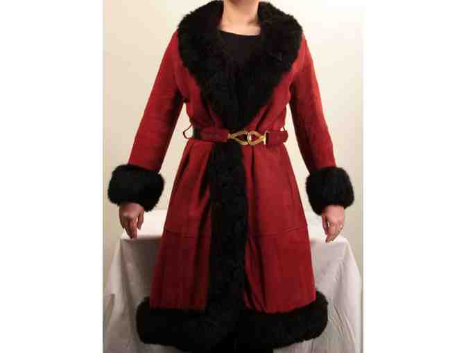 Vintage 1970s Women's Red Suede Coat with Black Fox Fur Trim