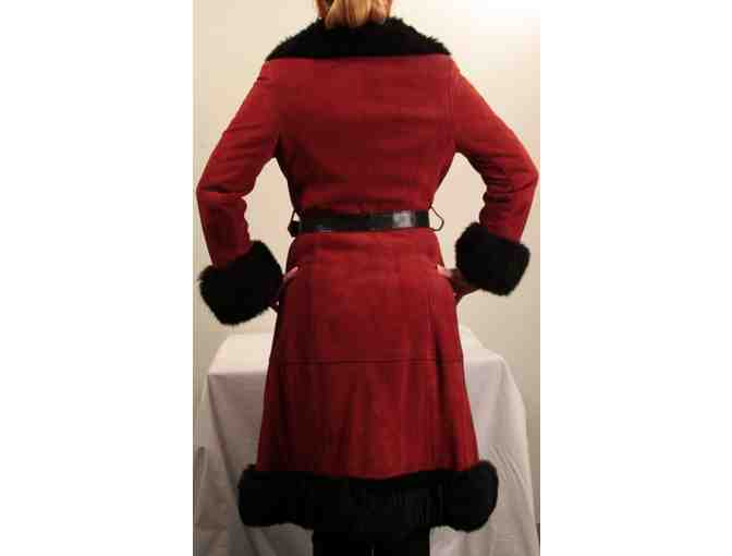 Vintage 1970s Women's Red Suede Coat with Black Fox Fur Trim