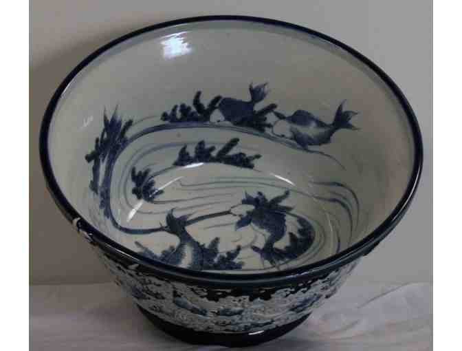 Antique Hand Painted and Enameled Cobalt Blue Koi Bowl