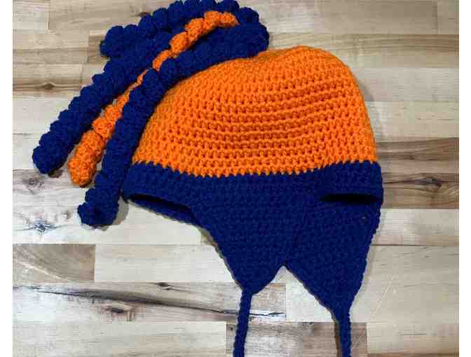 Two Homemade Blue & Orange Winter Hats