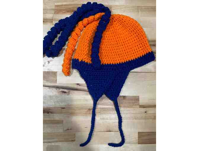 Two Homemade Blue & Orange Winter Hats