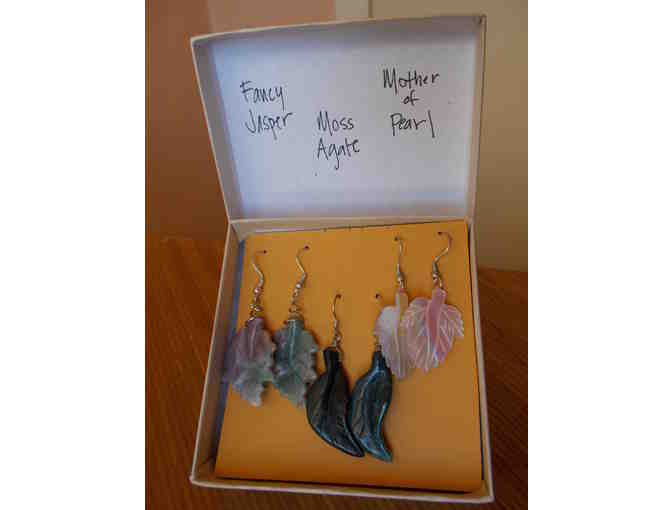 Gemstone Leaf Earrings: Jasper, Moss Agate, and Mother of Pearl from Handmade By Rikki!