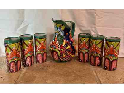 Mexican Folk Art : Talavera Pottery Set with 6 Tumblers and Water Jug