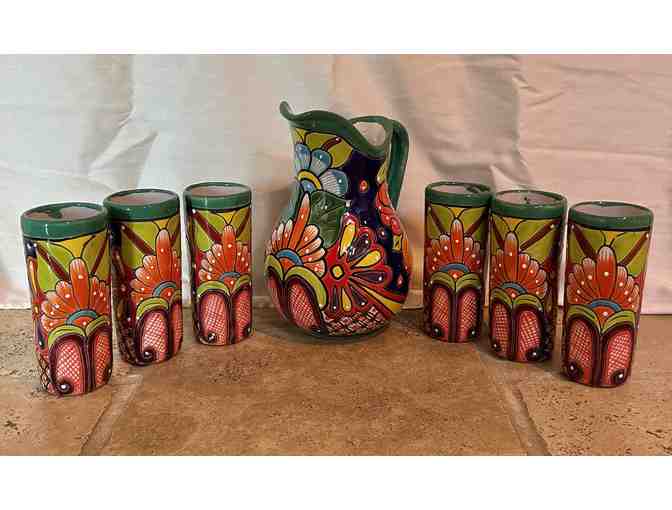 Mexican Folk Art : Talavera Pottery Set with 6 Tumblers and Water Jug - Photo 1