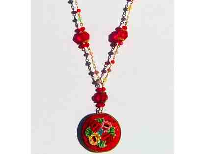 Elegant Gold Chain with Coral Red Crystals & Micro Mosaic - 39